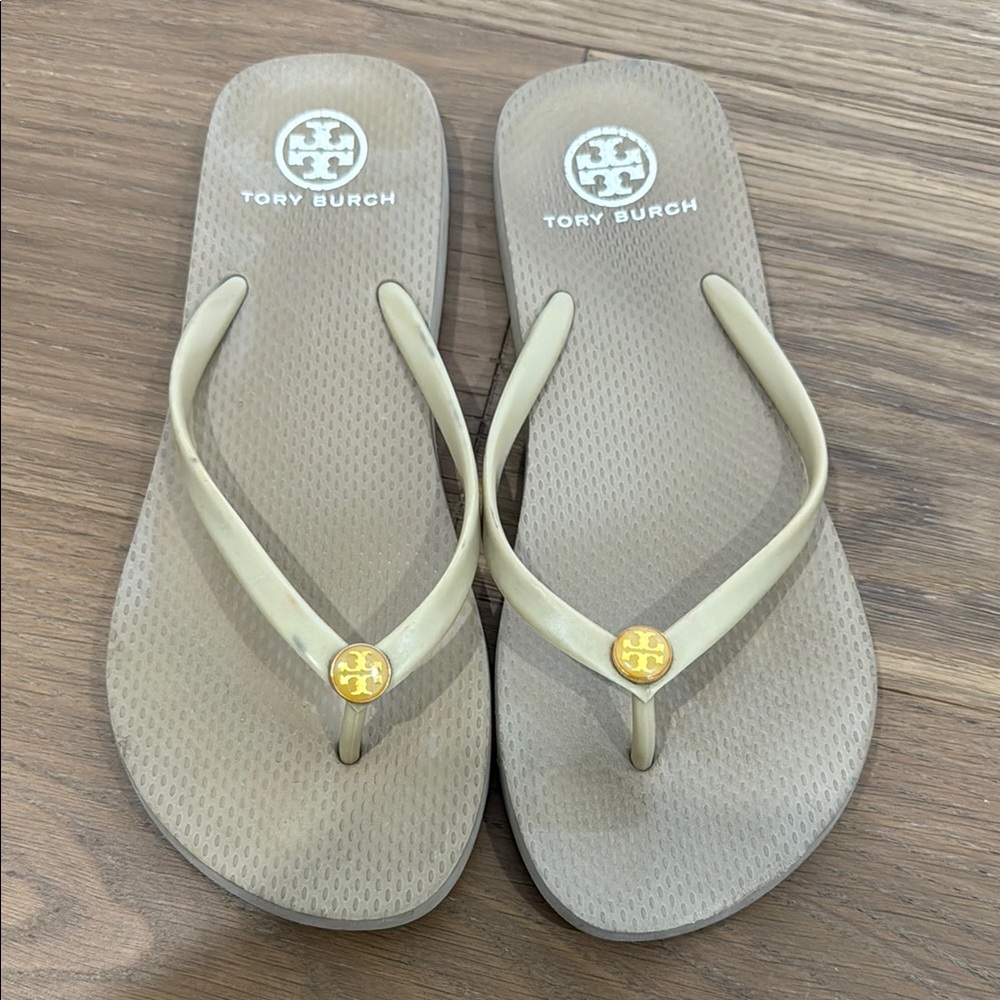 Tory Burch Tan Flip Flops with Gold Emblem